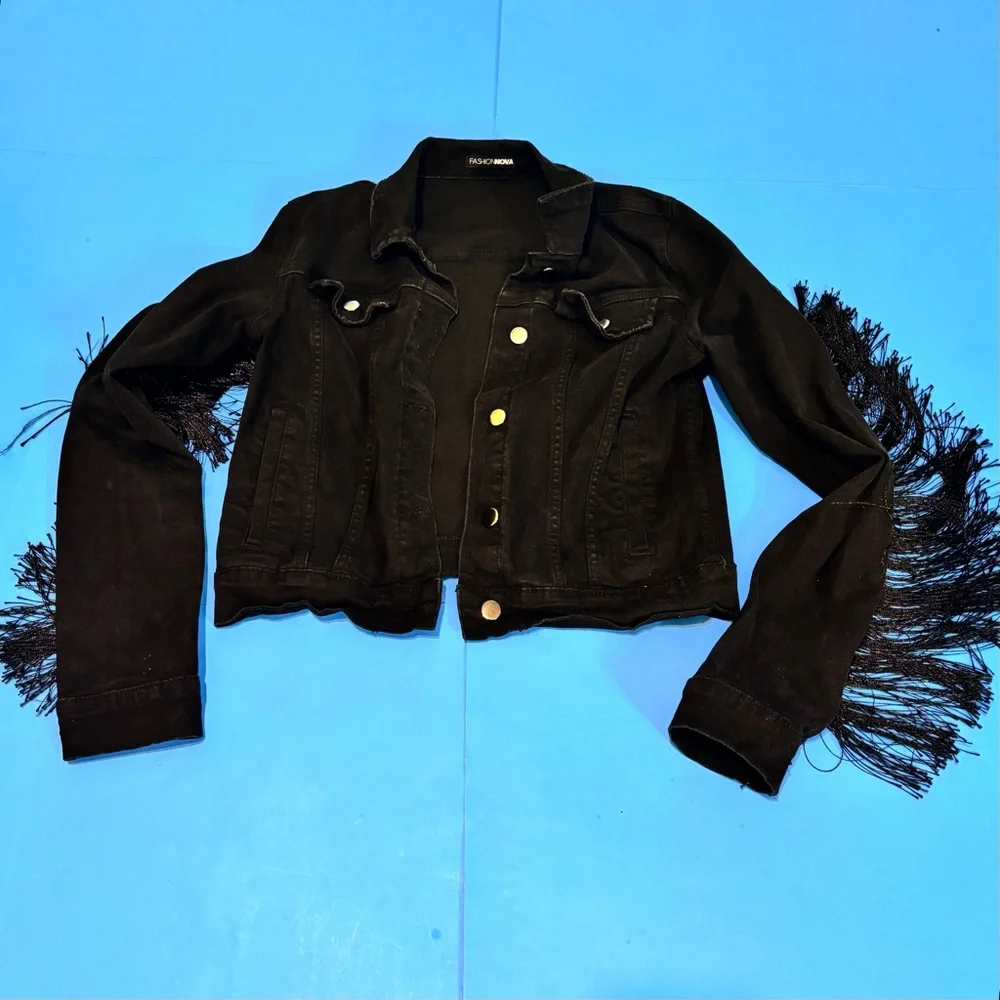 Fashion Nova Coastal Cowgirl Whimsigoth Black Fringe Jean Jacket